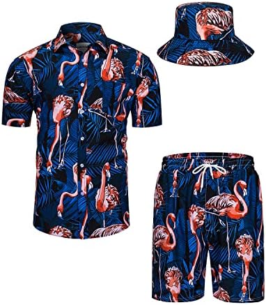 חולצות הוואי של Tunevuse Mens Shirts ומכנסיים קצרים קבעו 2 חתיכות תלבושת טרופית כפתור הדפסת פרחים למטה חליפת חוף