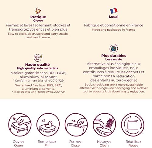 סקוויז - 3 חבילה מתוצרת צרפתית שקיות חטיפים ומזון לשימוש חוזר לילדים, תינוקות ופעוטות - קל לפתיחה וסגירה עם אטב הוו-לולאה
