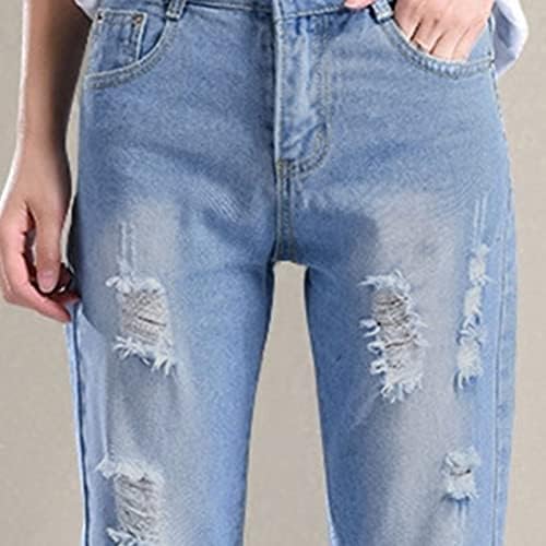 מכנסי ג'ינס קרועים של מייפו-ג'ג'י לנשים אמצע מותניים רזים ישר מכנסי ג'ינס הרוסים רזים מתאימים למתיחה במצוקה ז'אן