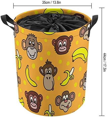 פרצופים חמודים של קופים ובננות סל כביסה עגול 42 ליטר סל כביסה מתקפל עם שרוך עליון