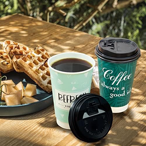 כוסות קפה חד פעמיות בבמניץ ' עם מכסים 16 אונקיות, 50 חבילות כוסות קפה נייר בעלות קירות כפולים עם עיצובים מהנים,