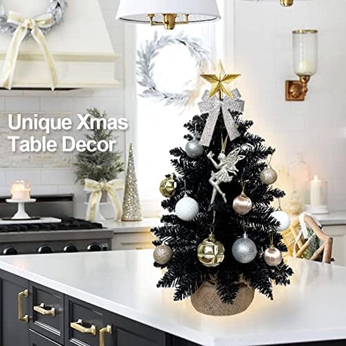 אייקוט 60 סמ עץ חג מולד שחור עם אור LED, קישוט חג המולד של שולחן העבודה המפואר, המתאים למשרד דירות משפחתיות
