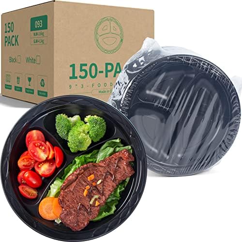 יאנגרוי לשימוש חוזר פלסטיק צלחת, 9 אינץ 3 תאים 150 חבילה מזון כיתה ציוד משלוח שחור ארוחת ערב צלחות