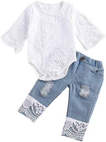 בנות תינוקות בגדי קיץ מגדירים תחרה חלולה עם שרוול ארוך רומפר + טלאים קרועים ג'ינס תינוקות חמודים 2 יחידים תלבושות