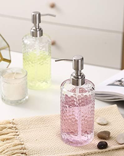 בית אמיקה 14.5 עוז מתקן סבון זכוכית בעיצוב מרוקע שקוף עם משאבת נירוסטה 304 חסינת חלודה, מתקן לסבון ידיים