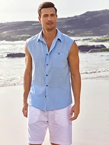 חולצות ללא שרוולים פשתן של גברים כפתור למטה גופיית חוף גופייה בסיסית אפוד חולצה מוצק עם כיס