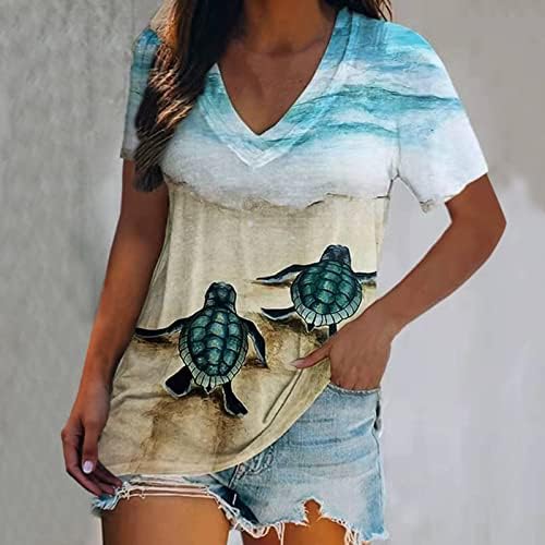 נשים קיץ חולצות שרוול קצר עם צווארון חולצות ים צב מודפס חוף טיז חג חולצה מזדמן רופף בכושר חולצה