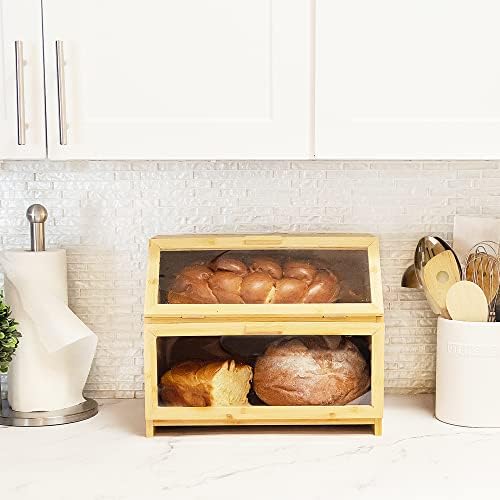 קופסת לחם גדולה במיוחד לבית חווה למשטח מטבח, קופסת לחם במבוק 2 שכבות, מחזיק לחם לדלפק מטבח, קופסת אחסון לחם תוצרת בית עם חלונות