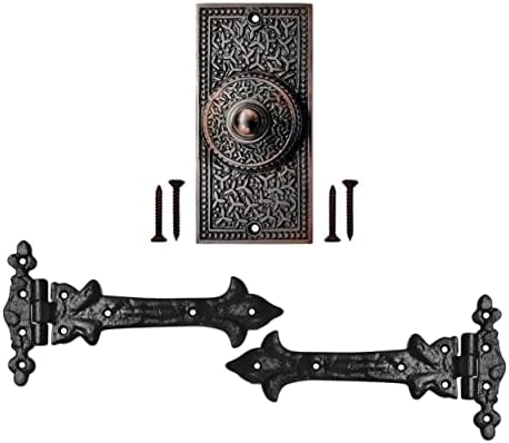 כפתור פעמון דלת אקאטבה עם סט ציר - 2 חתיכות צירי שער לגדרות עץ כבד - כפתור לחיצה על פעמון - כפתור פעמון קווי - צירי