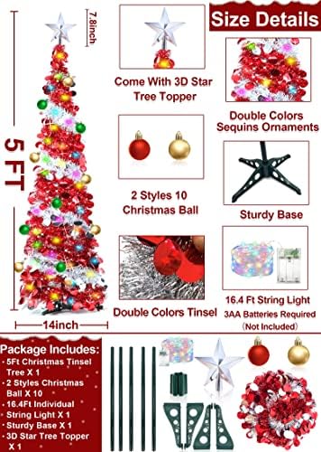 עץ חג האהבה של 5 רגל עץ חגורה עם אורות טיימר כדורי קישוטי קישודים 50 צבע רב-צבעי נציפי כוכב תלת מימד טינסל