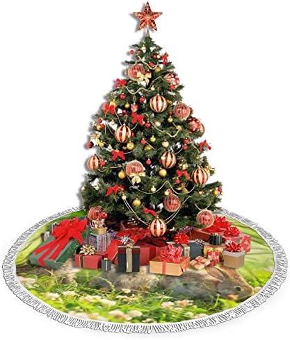 ארנבים על חצאית עץ חג המולד של דשא, מחצלת חצאית עץ חג המולד עם ציצית לעיצוב מסיבת חתונה לחג 48