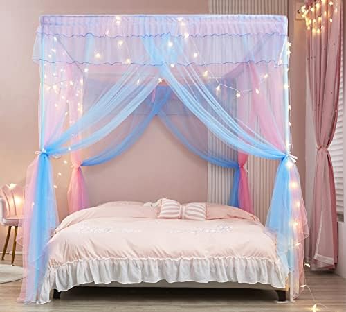 מנגרסי קשת חופה מיטת וילונות עם אורות - נסיכת מיטת חופה עבור בנות-מיטת וילונות רשת - שינה קישוט אבזרים, תאום