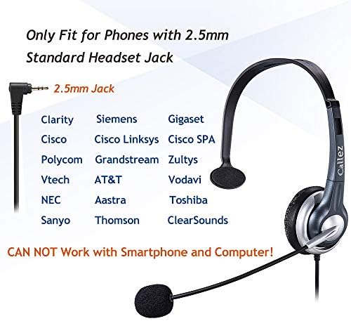 Callez 2.5 ממ אוזניות טלפון מונו, אוזניות טלפון משרדיות עם מיקרופון מבטל רעש עבור DECT AT & T ML17929 VTECH PANASONIN