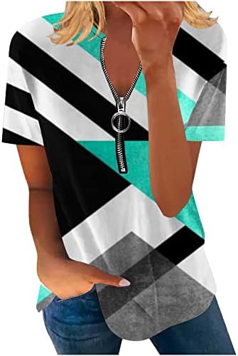 צמרות קיץ לנשים סיבתיות 1/4 סוודר רוכסן שרוול קצר חולצת טריקו גיאומטרית הדפסה גיאומטרית בגדי ריצה של ז'קט טי-חולצות טי