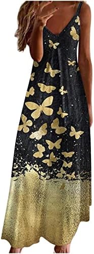 דפסת פרפר נשים שמלת מקסי קיץ v צוואר ספגטי שמלות רצועות