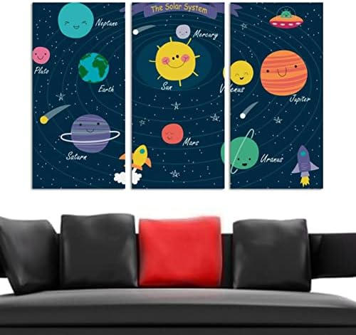 אמנות קיר לסלון, ציור שמן על בד גדול ממוסגר מערכת השמש כוכבי לכת יצירות אמנות מצוירות לעיצוב חדר שינה ביתי 24 x48