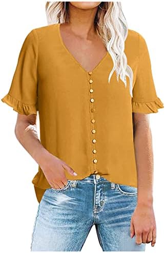 נשים אופנה עמוק עם צווארון כפתור למטה חולצות ראפלס קצר שרוול חולצות מקרית מוצק רגיל חולצה טוניקת טי חולצה