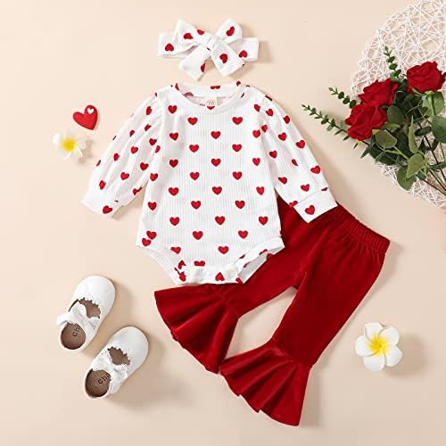 TSNBRE יילוד תינוקת תינוקת ולנטיין תלבושת לב הדפסת לב רומפר צמרות פעמון מכנסיים בכיסוי 3 יחידות בגדים סט
