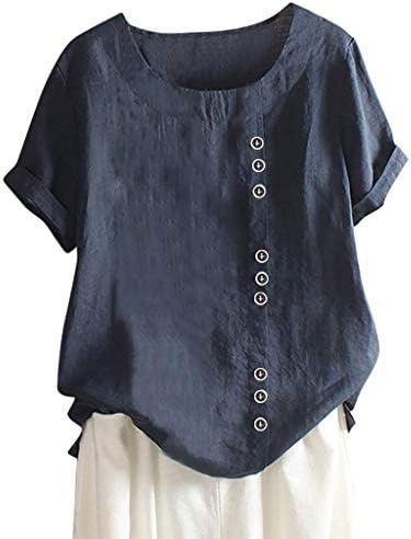 נשים קיץ כותנה פשתן חולצות עגול צוואר מקרית פשתן חולצות מוצק צבע בתוספת גודל טיז כפתור רופף בוהו חולצה חולצה