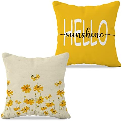 Qodung Hello Sunshine צהוב בצבע מים פרחי בר חיננית חיננית אביב אביב קיץ קוטגקור זריקת כרית כרית 18 x 18 אינץ