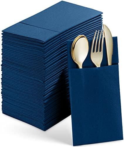 מפיות ארוחת פשתן חד פעמיות מפיות עם כיס סעיף מובנה, בד עם 50 חבילות בכחול מראש כמו מפיות נייר לחתונה, ארוחת ערב או מסיבה