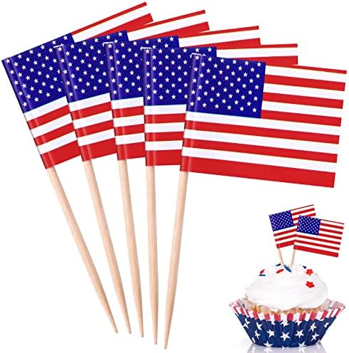 דגלי פאפווי אמריקאים קטנים על מקל, 100 יחידות מיני קיסמים דגל אמריקאי פטריוטי קיסמים דגלי 4 ביולי טאפרס קאפקייקס קיסמים קטנים