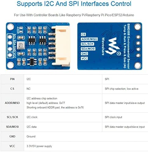 חיישן BME680 סביבתי, תומך בטמפרטורה/לחות/לחץ ברומטרי/זיהוי גז VOC, I2C ו- SPI, תומך ב- Raspberry Pi/Raspberry Pi Pico/עבור