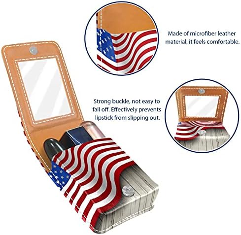 אמריקאי דגל על עץ רקע גלוס מחזיק שפתון מקרה נייד איפור תיק נסיעות שפתון ארגונית מקרה עם מראה מיני שפתון תיבת אחסון עבור