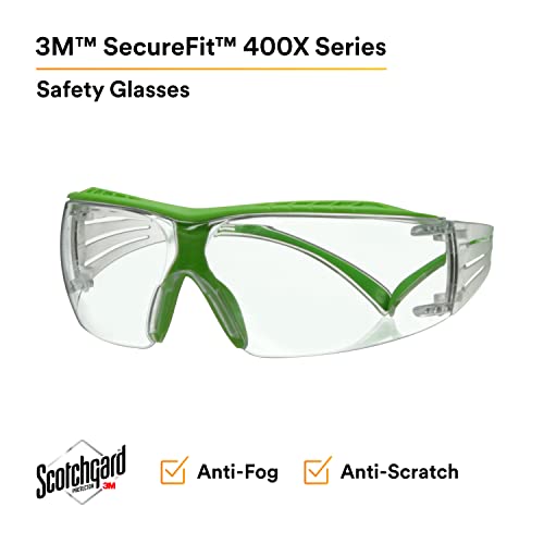 3M משקפי בטיחות, SecureFit 400X, חבילה של 20, ANSI Z87, עדשה אפור אנטי-סקרט אנטי-סקרט, מסגרת ירוקה וצלולה, שומר מצח,