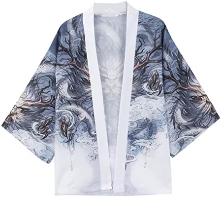 Kimono kimono יפני Ubst לקרדיגן לגברים, רופף קדמי פתוח עטוף 3/4 שרוול קל משקל אוקייו דרקון הדפס גלימה מזדמנת