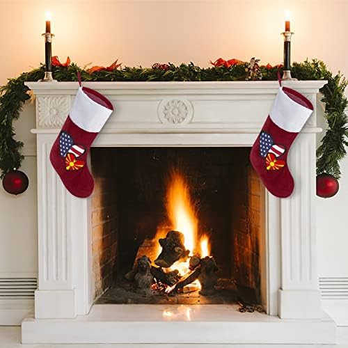 לבבות משתלבים דגל מקדוניה אמריקאי גרב חג המולד קלאסי קישוטים תלויים שקית ממתקים של שרוול לבן לקישוטים למסיבות חג משפחתיות