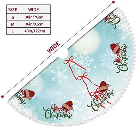 חצאית עץ חג המולד של Eoefou, 30 אינץ 'זוהר פתיתי שלג לבנים עם מעגל של טקסט חג מולד שמח וגדילי כדור קטיפה, קישוטים לעץ