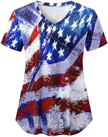 4 ביולי חולצות לנשים דגל אמריקאי קיץ שרוול קצר חולצת טי עם 2 כיסים חולצות בגדי עבודה מזדמנים לחג
