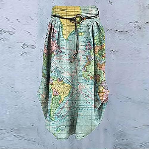 שמלת Badhub's Maxi שמלת כותנה פשתן חצאיות מפה גלובלית מודפסת חצאית רופפת א-סימטרית אמצע עגל עם אבנטות