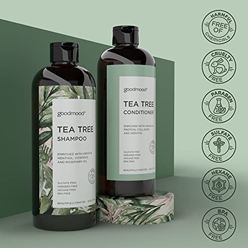 שמפו ומרכך עץ התה של Goodmood, שמפו נענע מועשר בחלבון, קולגן ומשי, טיפול בגברים ונשים עם חוסמי DHT, סולפט ופרבן חינם