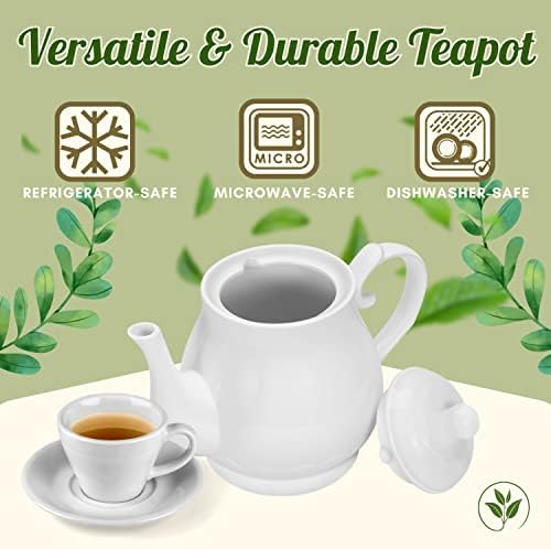 קומקום חרסינה של Flexzion, סיר תה קרמי עם מכסה ומסננת, קומקום אישי במשך 2 עד 3 כוסות תה, 22 גרם קומקום קרמיקה לבן