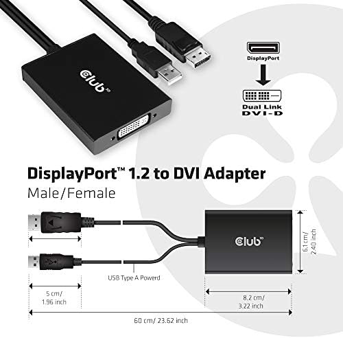 Club 3D CAC-1010 DisplayPort ל- DVI מתאם DVI-D פעיל DVI DVI-D עבור צג/תצוגה שלך-USB מופעל-2560x1600 רזולוציה
