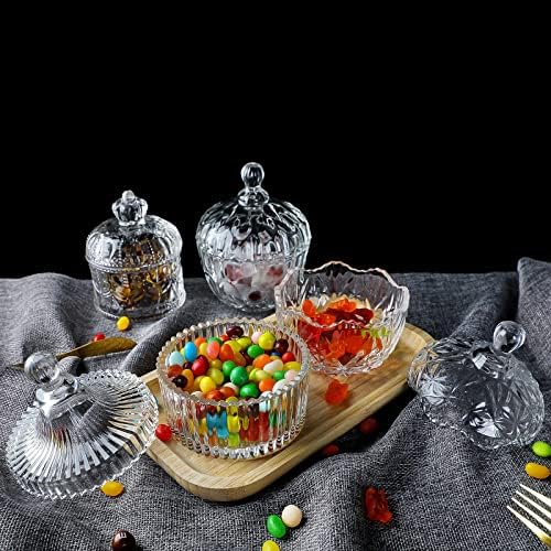 צלחת ממתקים מזכוכית כוסית עם מכסה סט של 4 צנצנת סוכריות קריסטל קופסת תכשיטים קופסת תכשיטים DAPPEN DAYCHED צנצנת עוגיות לרעיון