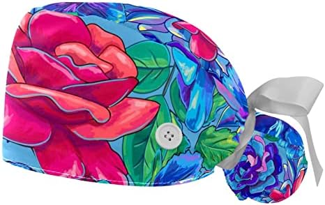כובעים רפואיים לנשים עם כפתורים שיער ארוך, כובע עבודה מתכוונן 2 חלקים, פרחוני כחול ואדום