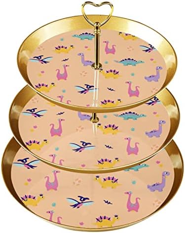 עמדת עוגות סט 3 דוכני קאפקייקס שכבה פלטת מאפה לשימוש חוזר לקישוטים למסיבות תה יום הולדת, דינאסאור מצוירת של בעלי חיים
