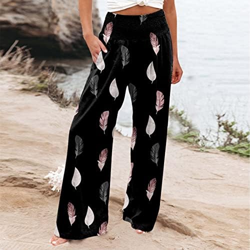 מכנסי פשתן לנשים קפלי מכנסי פאלאצו עם רגל רחבה עם כיס בוהו קיץ חוף מכנסי טרקלין זורמים