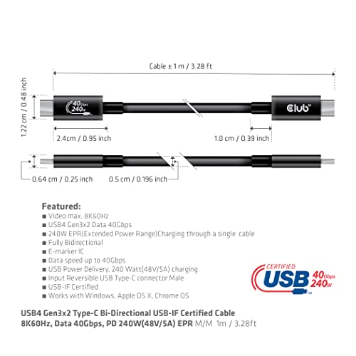 מועדון 3D USB4 Type-C GEN3X2 כבל דו כיווני 40 ג'יגה-סיביות 8K60Hz 240W PowerDelivery משלוח M-M 1M-3,28ft, CAC-1576