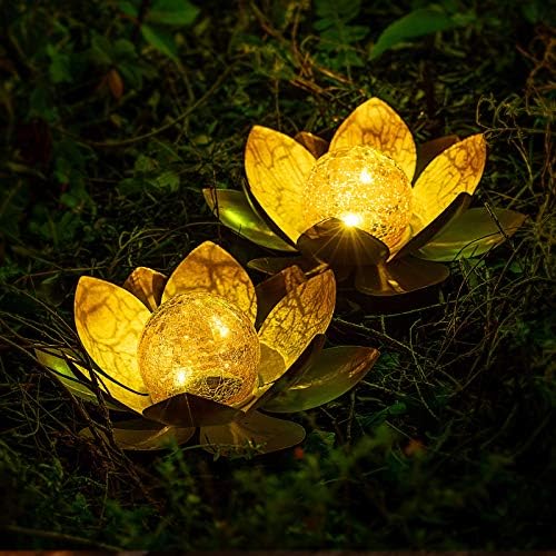 Aiiny Garden Light Light Outdoor, ענבר פיצוח גלובוס זכוכית לוטוס, אורות פרחי LED מתכת כתומים אטומים למים לפטיו,