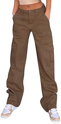 מכנסיים של Miashui Jean נשים נשים מכנסי מטען מכנסי מותניים רופפים מכנסיים רגל רחבה מכנסי ג'ינס רחבים עם כיסים