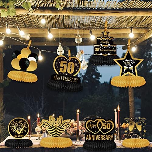 קישוטים לחגיגות 50 שנה לחיר -דבש מרכזי, זהב שחור מזהב 50th יום נישואין ציוד למסיבות שולחן עיצוב שולחן, 8 יחידות שמח 50 שנה