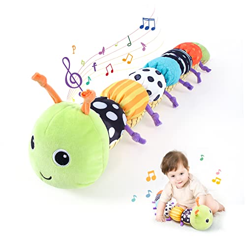 צעצועים לתינוק 6 עד 12 חודשים, צעצועי תינוקות זחל מוזיקלי, צעצועי חיה ממולאים צעצועים עם עיצוב סרגל ופעמון טבעת, קמטים, רעשן,