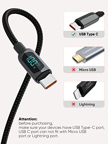 CableCreation 3.3ft USB C ל- USB C כבל PD 100W עם תצוגת LED, כבל USB C קלוע בזמן אמת טעינה מהירה עבור iPad Air, Pro,