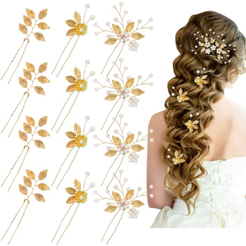 12 מארז זהב חתונת שיער סיכות עם עלה פרח פרל כלה שיער קליפים כיסוי ראש לנשף פורמליות שיער אביזרי עבור כלות השושבינות נשים פרח