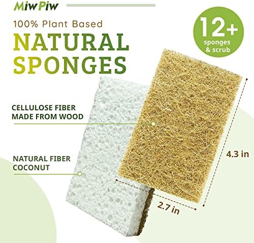 MIW PIW ספוג מטבח טבעי מתכלה - חבילה 14 Cenlulose Cenlulose וסיבי קוקוס בר קיימא קומפוסטית - ספוגים ידידותיים לסביבה