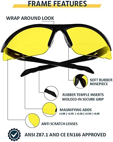 משקפי בטיחות ביפוקליים SB-9000 עם עדשות צהובות, +1.50